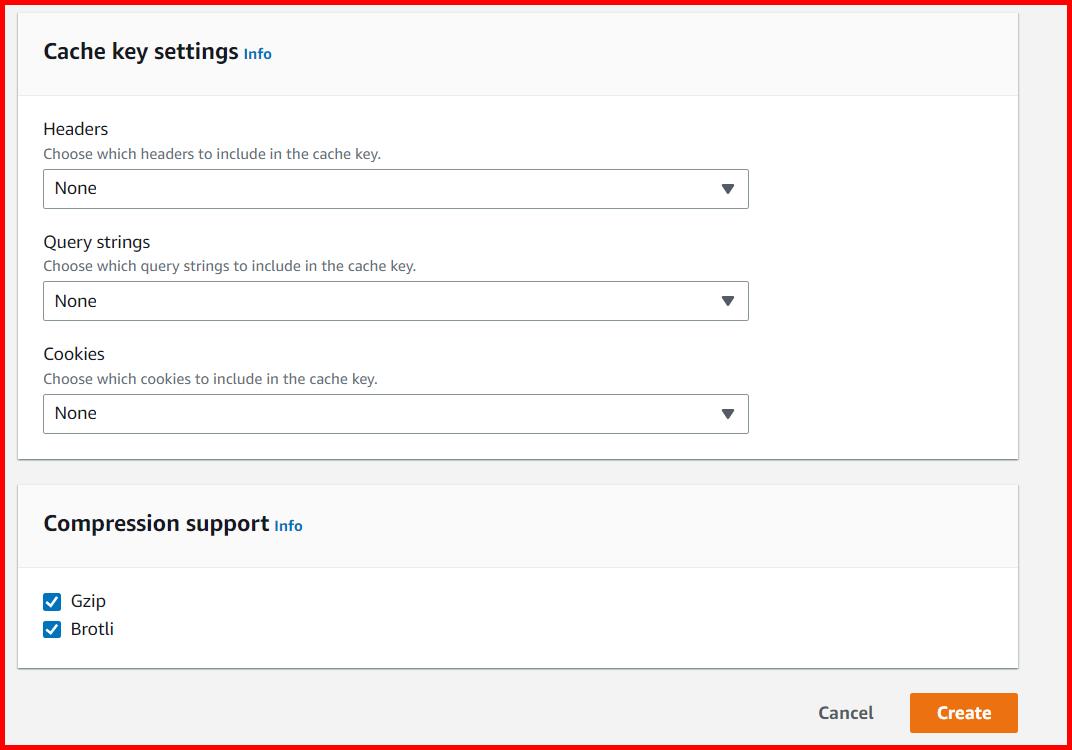 Picture showing the Create button for creating the custom cache policy